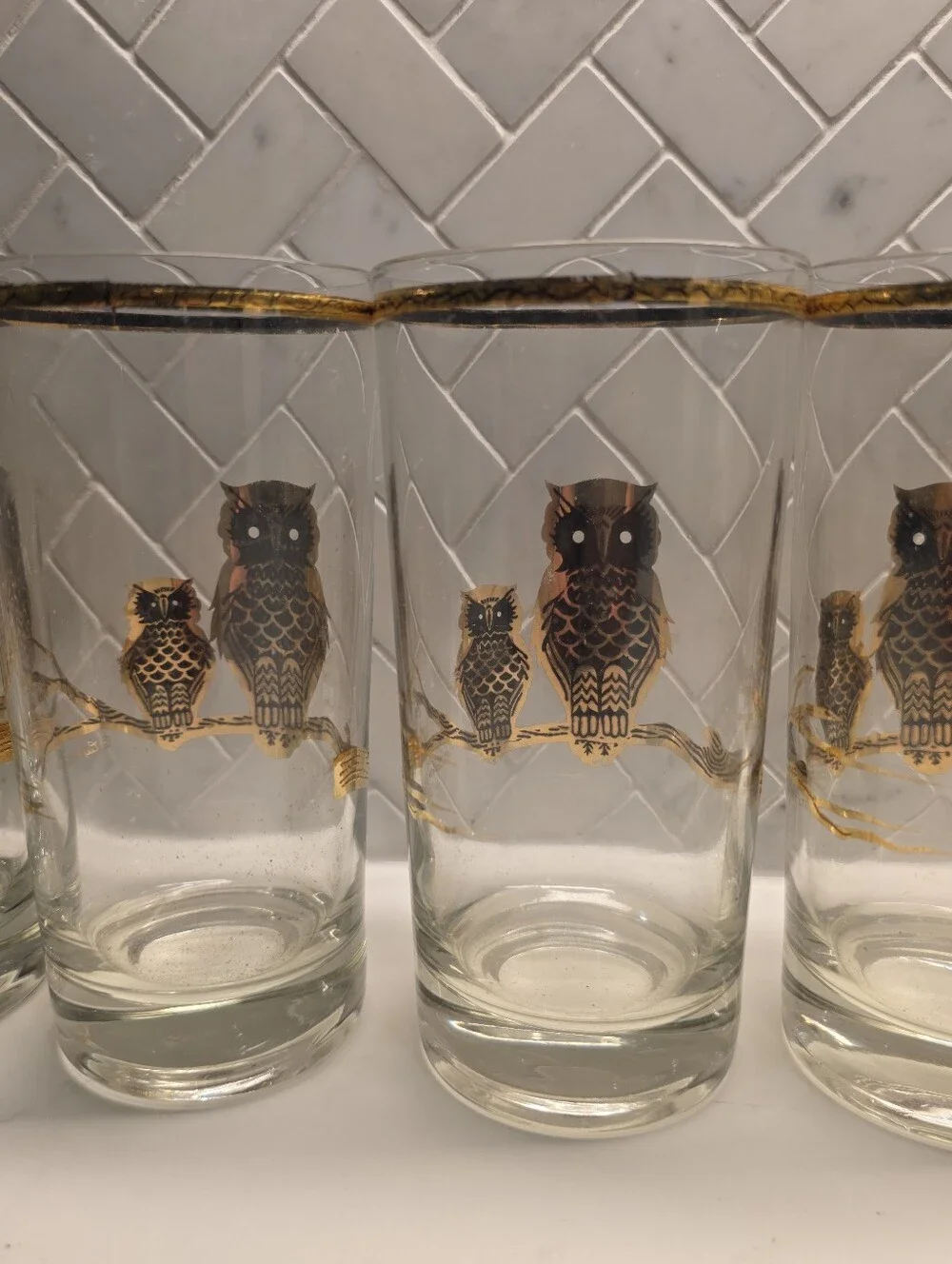 Pristine Vintage Culver 22K Gold Owl Highball Glasses - Set of 8